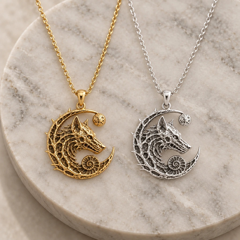 Lunar Wolf Relic pendant necklace in silver and gold finishes side by side