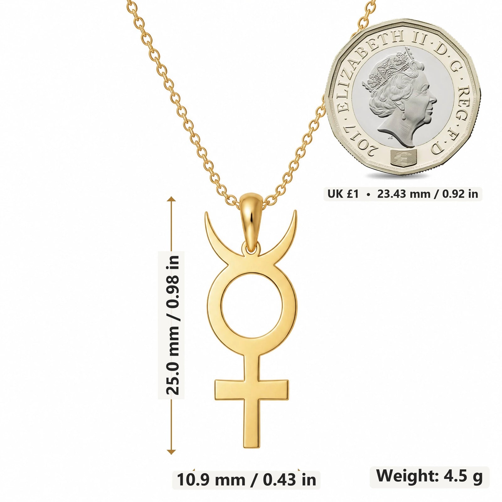 Antimony Slim Symbol pendant necklace size image showing 25.0 mm height, 10.9 mm width and 4.5 g weight
