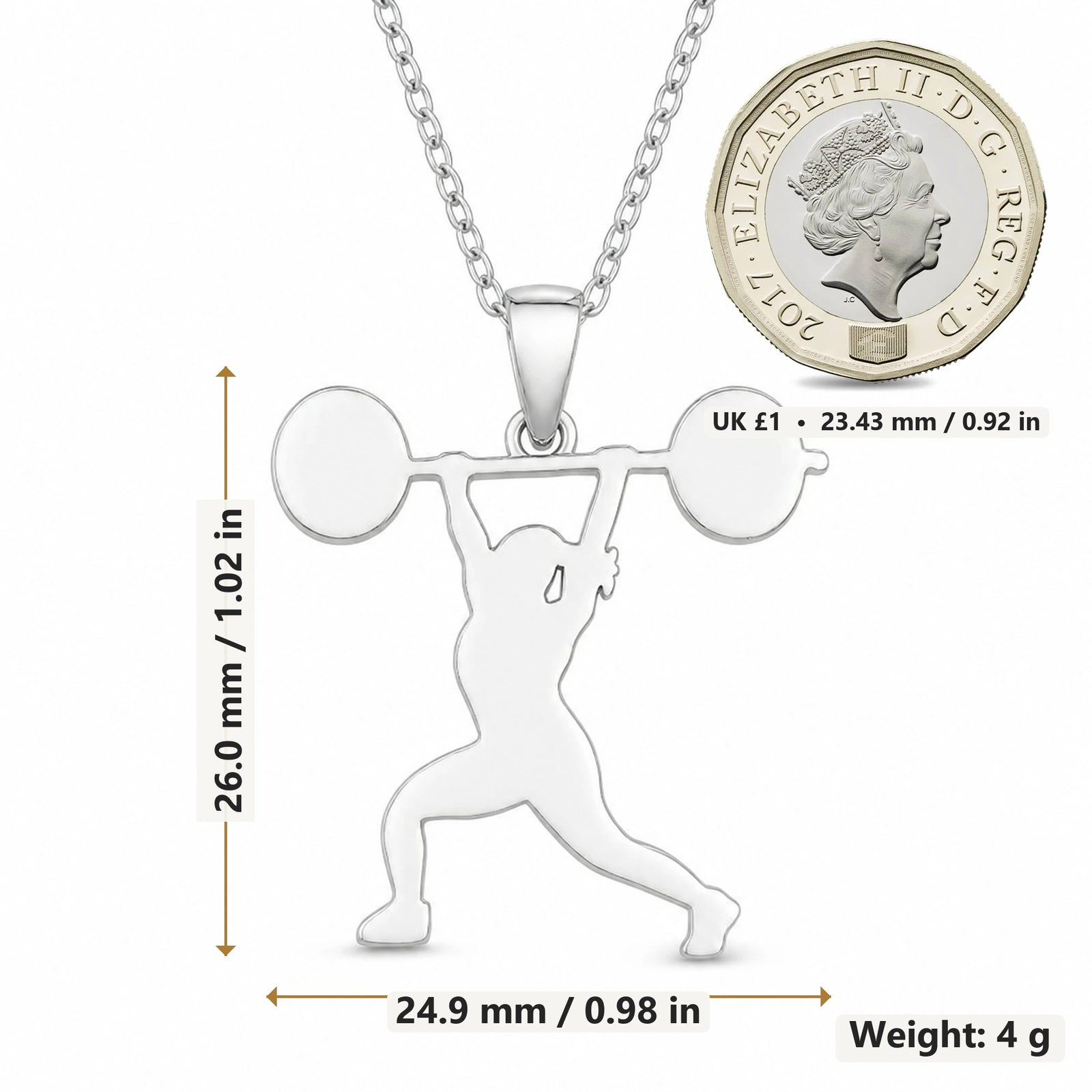 Weightlifter Overhead Press pendant necklace size image showing 26.0 mm height, 24.9 mm width and 4 g weight
