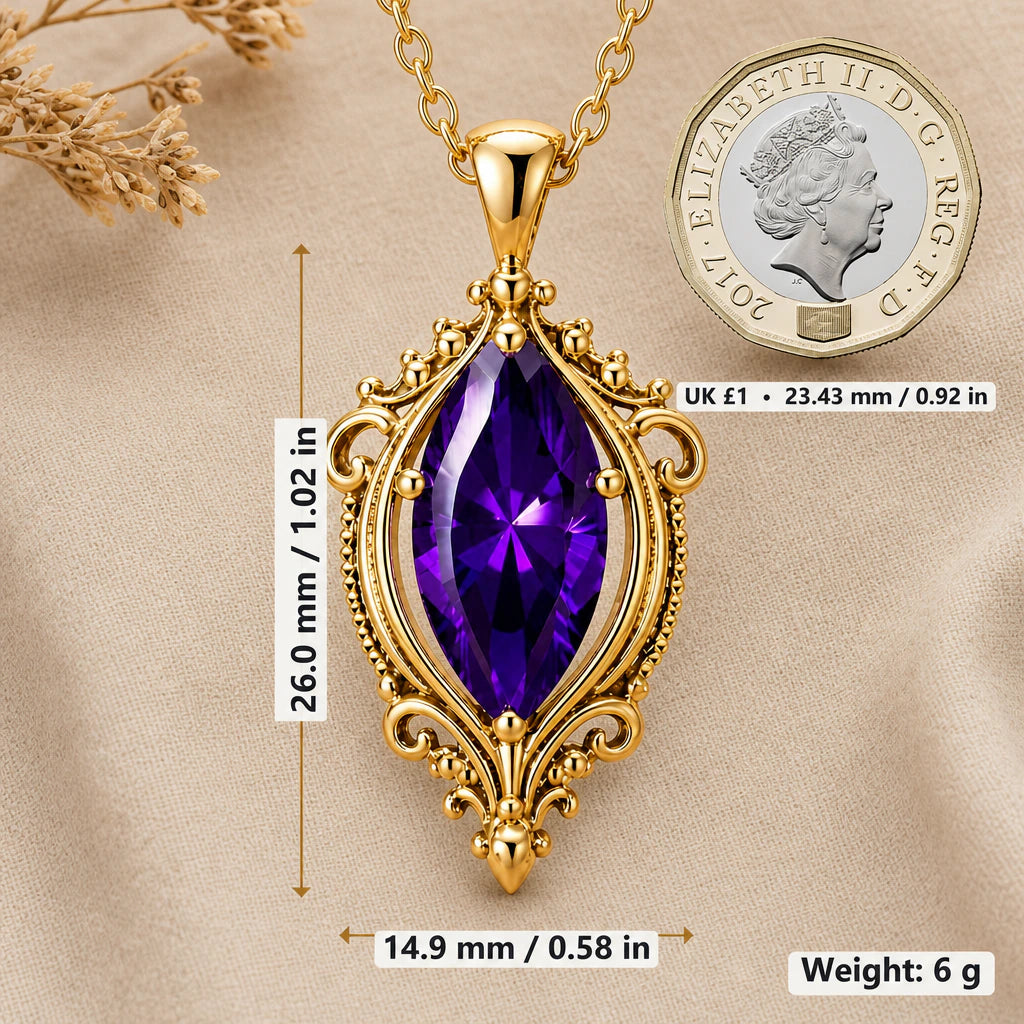 Vintage Filigree Birthstone Charm Pendant Necklace size guide, 26 by 14.9 mm