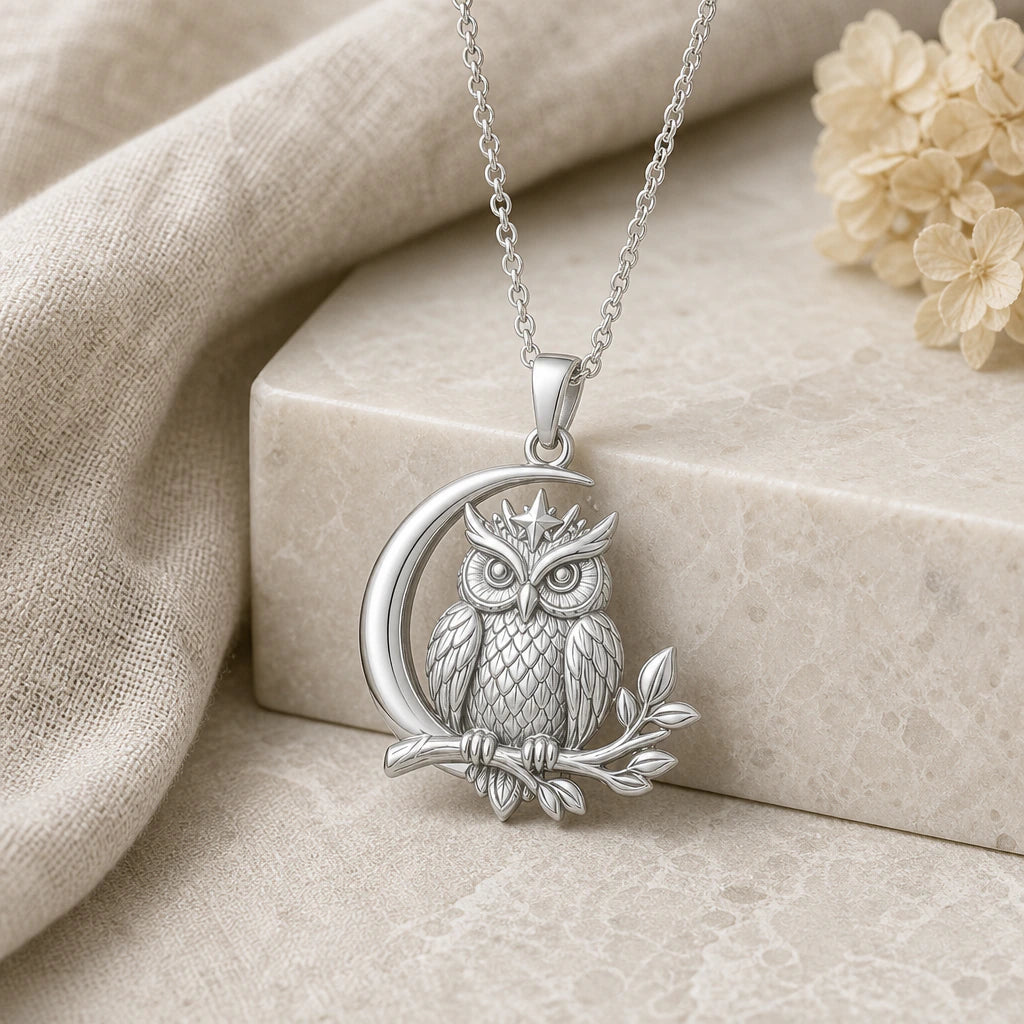 925 sterling silver moon owl pendant necklace on softly folded cream linen