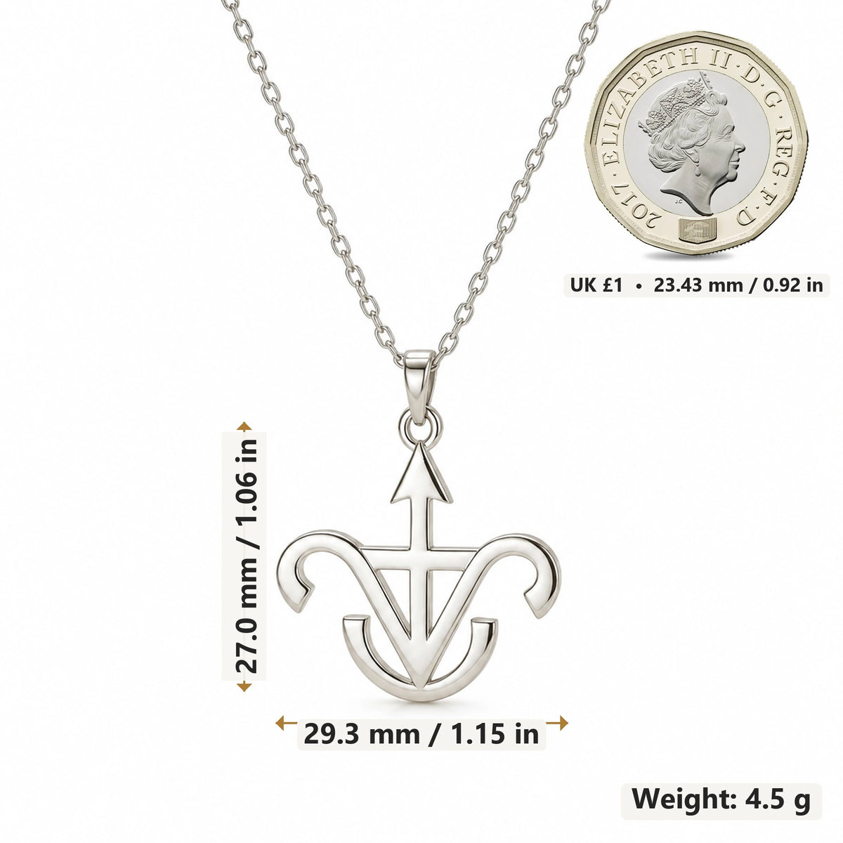 Jason Anchor Symbol pendant necklace size image showing 27.0 mm height, 29.3 mm width and 4.5 g weight