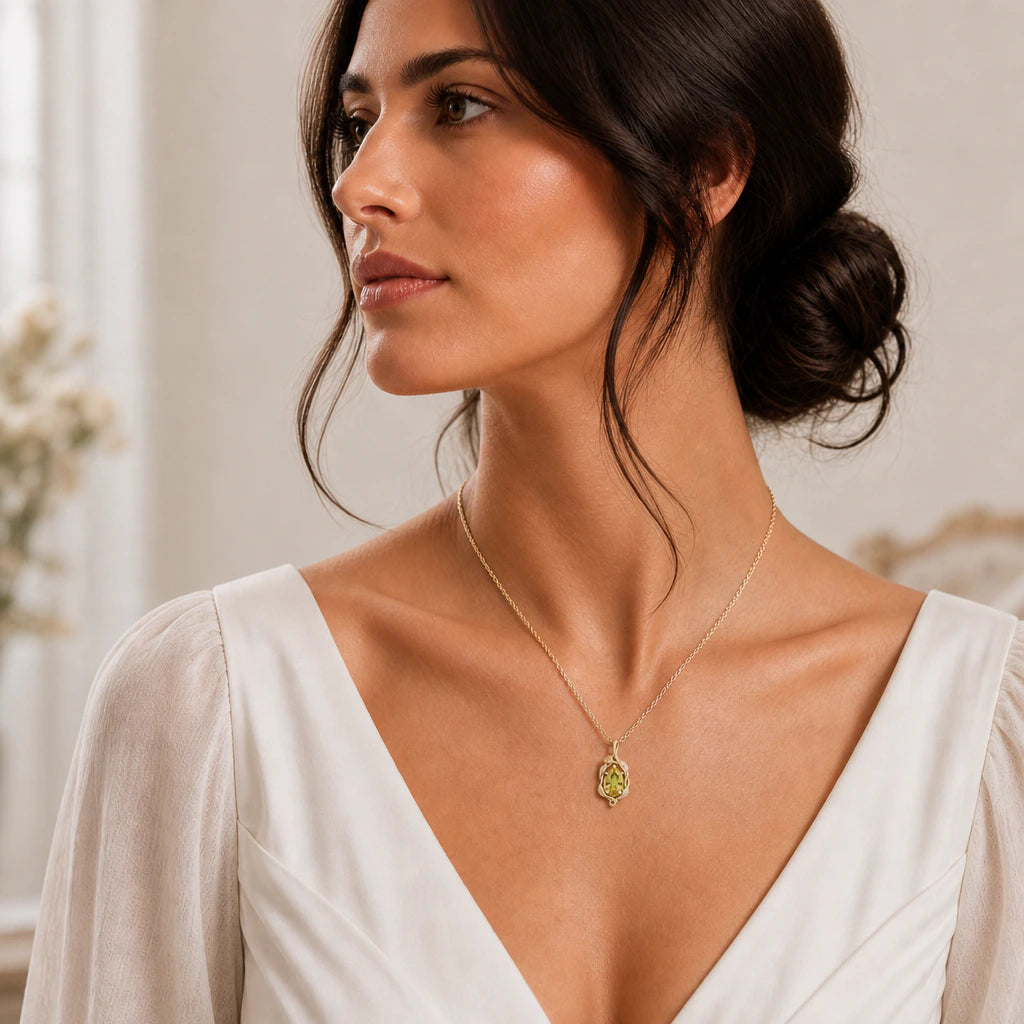 Leaf Vine Pear Birthstone Pendant Necklace worn