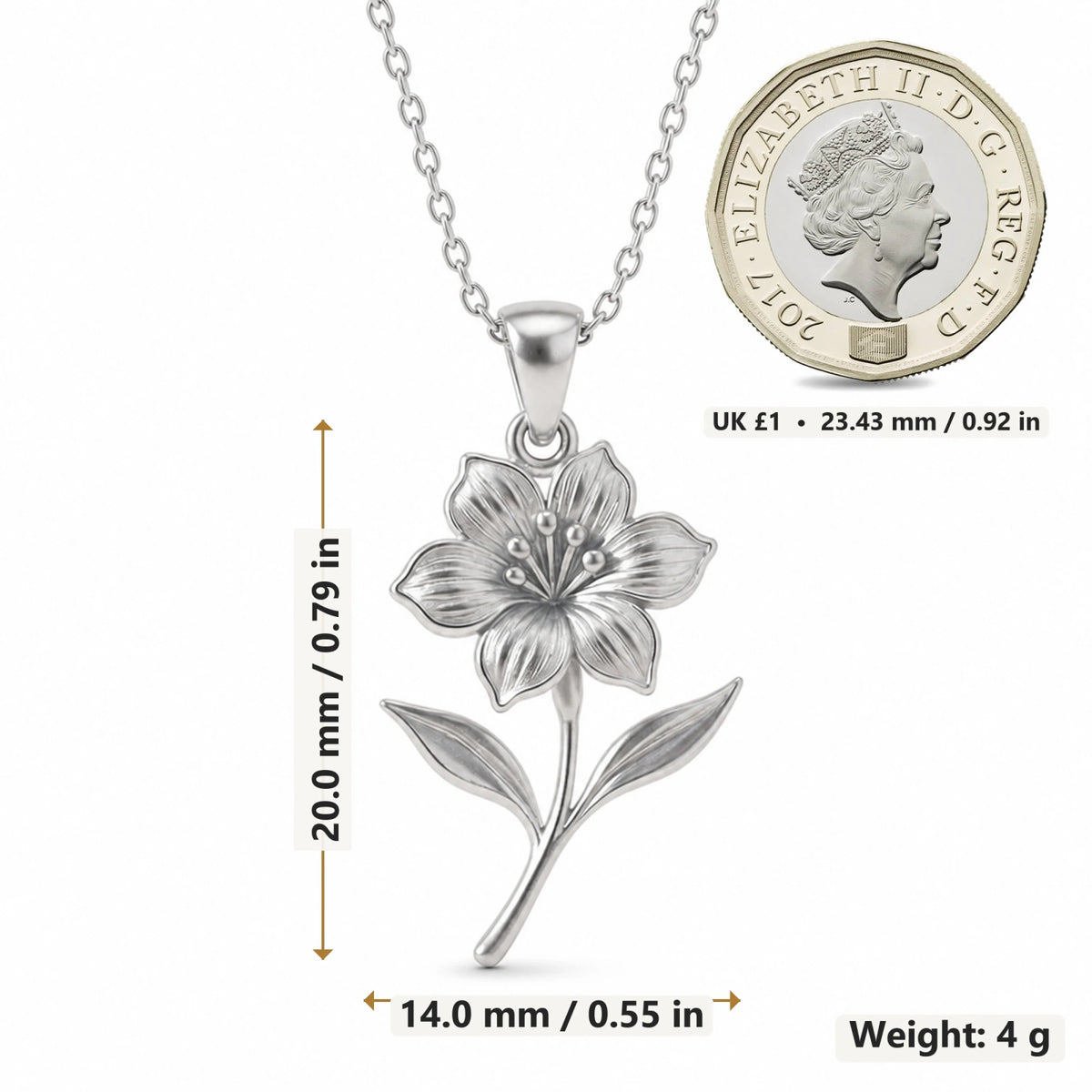 Rhododendron Flower pendant necklace size image showing 20 mm height and 14 mm width and 4 g weight