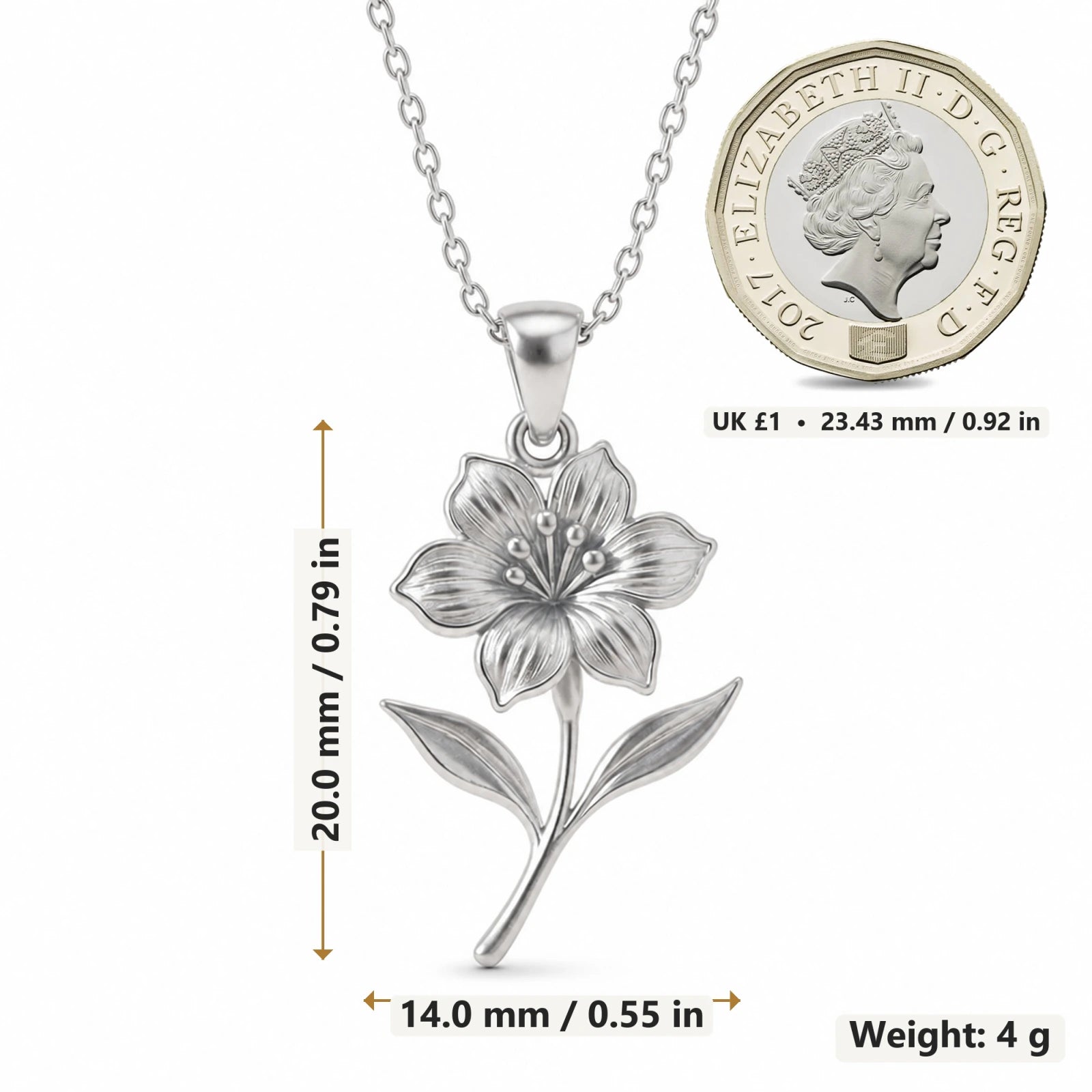 Rhododendron Flower pendant necklace size image showing 20 mm height and 14 mm width and 4 g weight