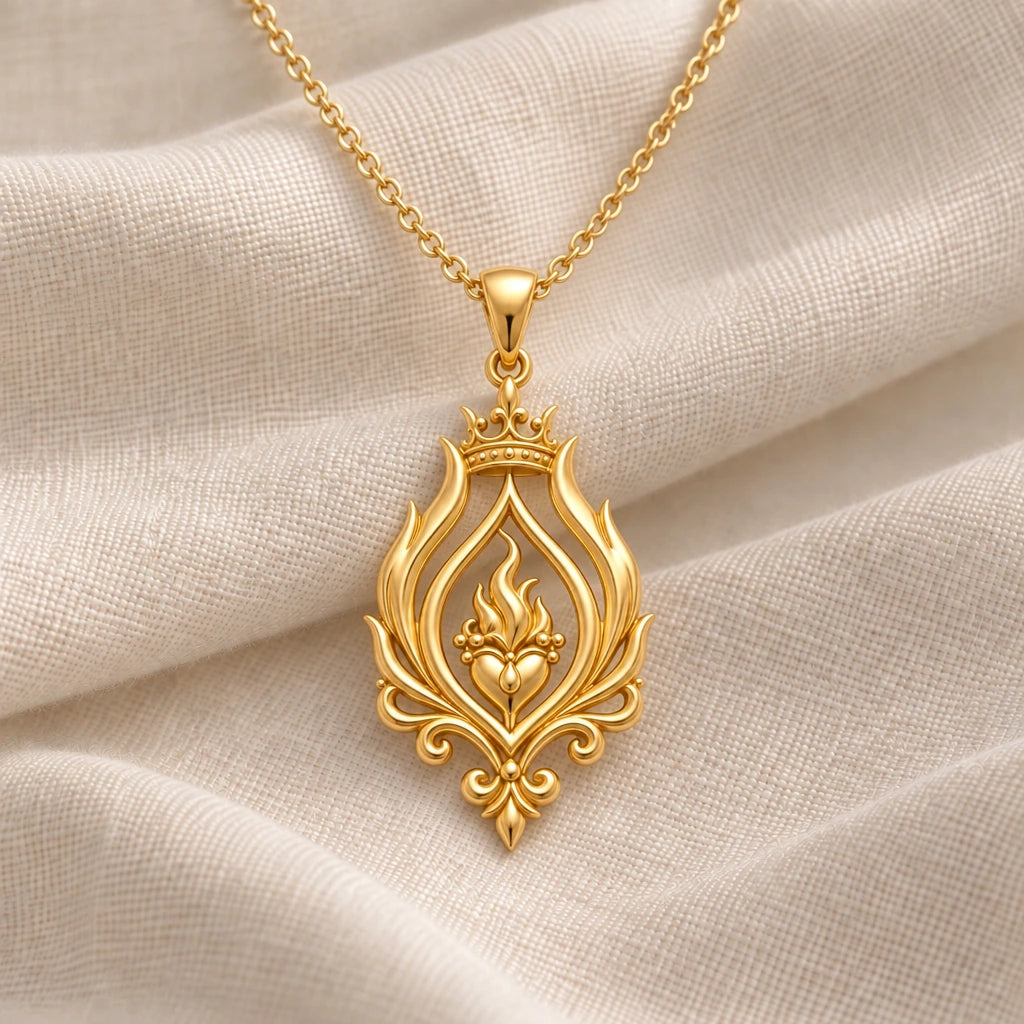 Regal Flame Sacred Heart pendant necklace in an 18k gold plated finish