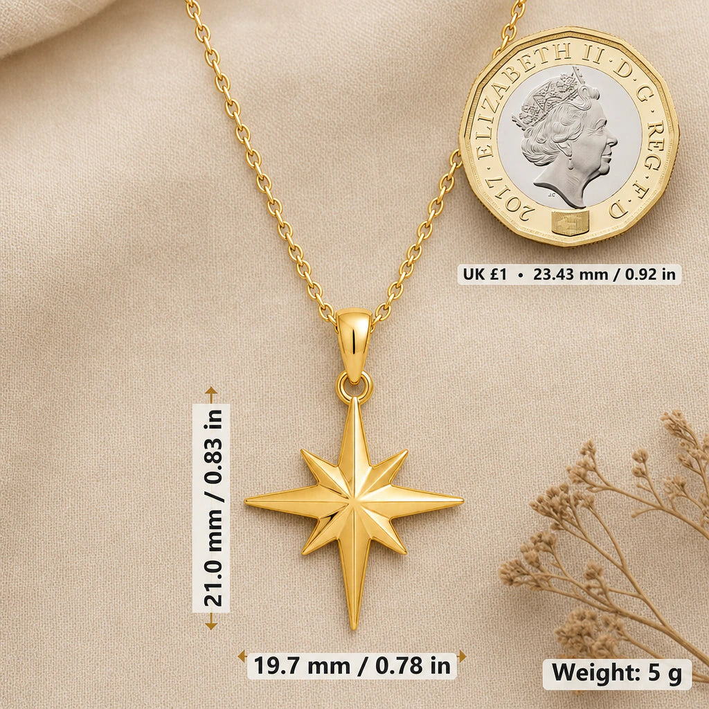 North Star Pendant Necklace size guide, 21 by 19.7 mm