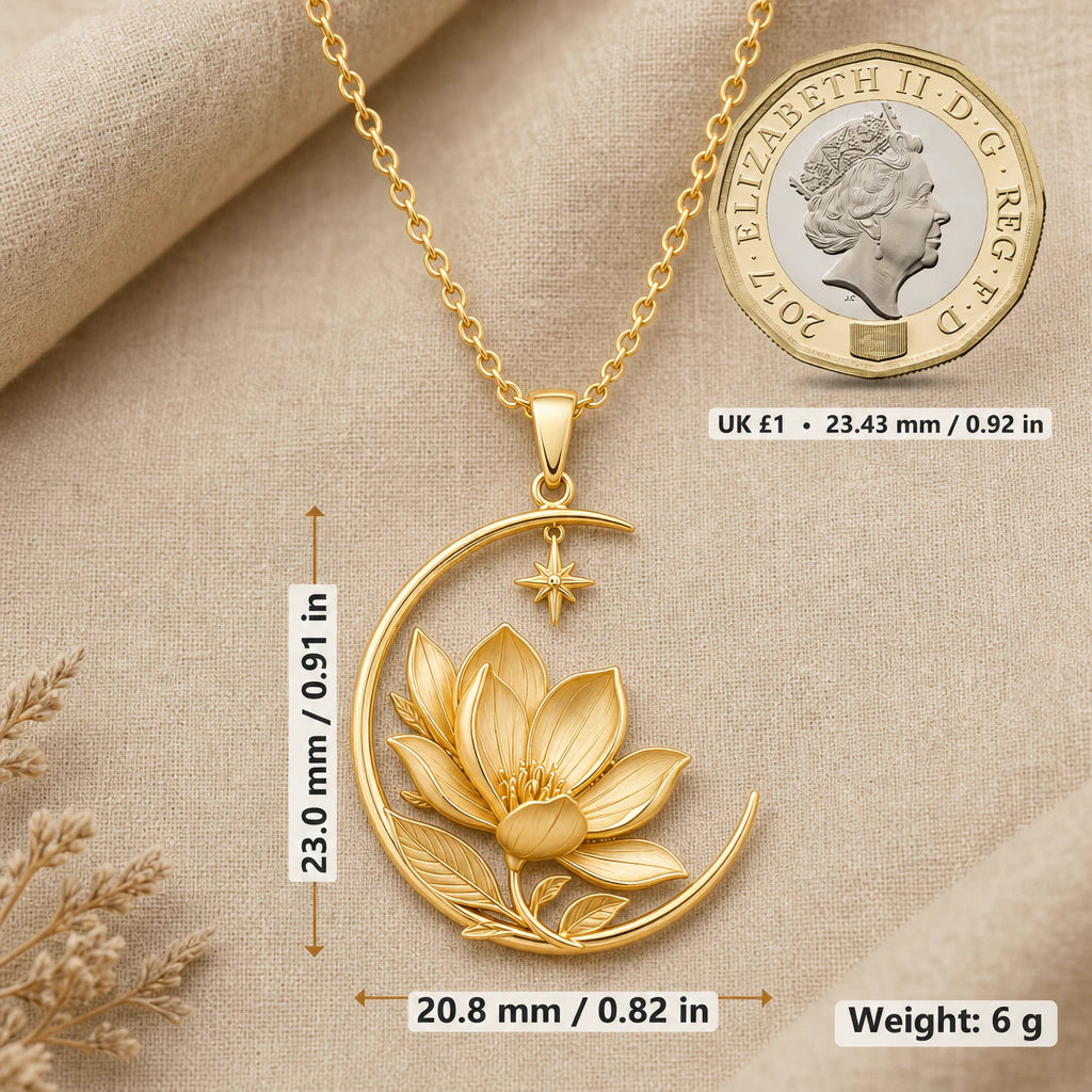 Royal Magnolia Crescent Moon Pendant Necklace size guide, 23 by 20.8 mm