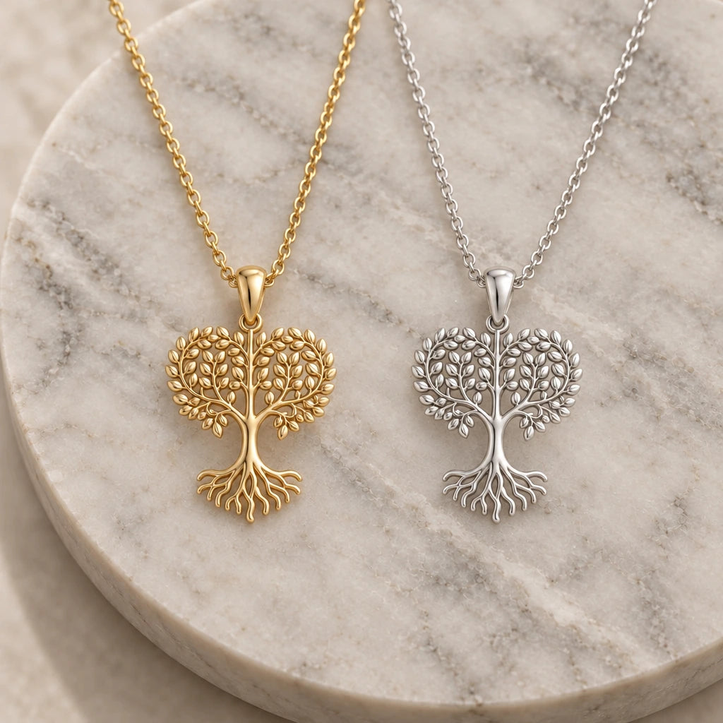 Acacia Heart Tree of Life pendant necklace in silver and gold finishes side by side