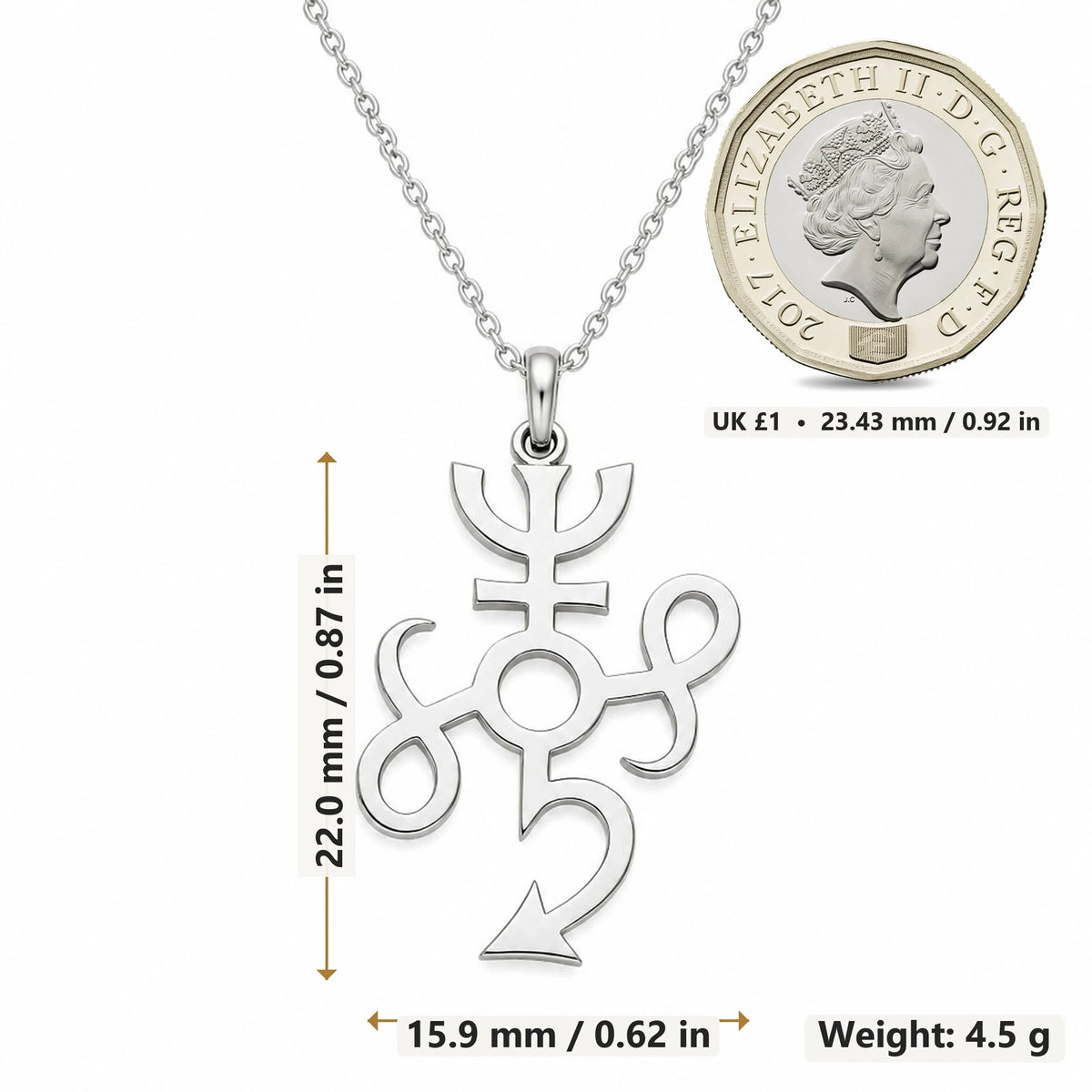 Typhon Compact Symbol pendant necklace size image showing 22.0 mm height, 15.9 mm width and 4.5 g weight