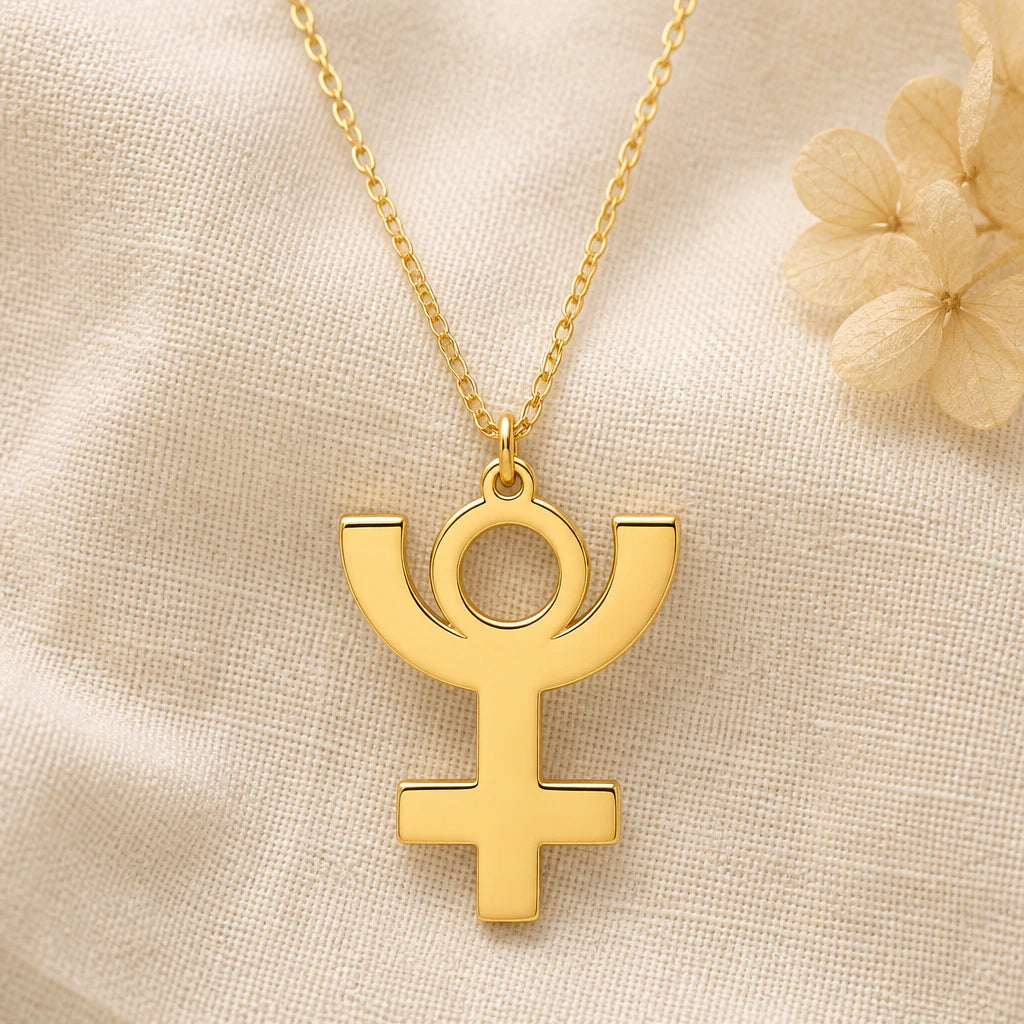 Pluto Symbol pendant necklace in a warm gold finish on cream fabric
