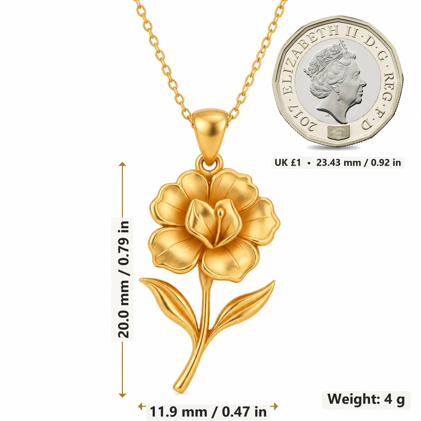 Gloxinia Flower pendant necklace size image showing 20 mm height and 11.9 mm width and 4 g weight