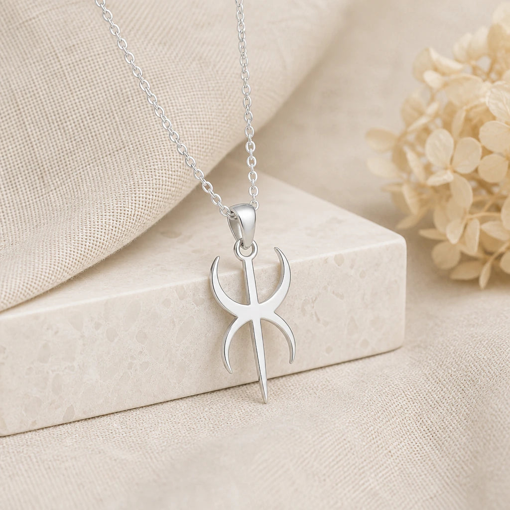 925 sterling silver duality symbol pendant necklace on softly folded cream linen