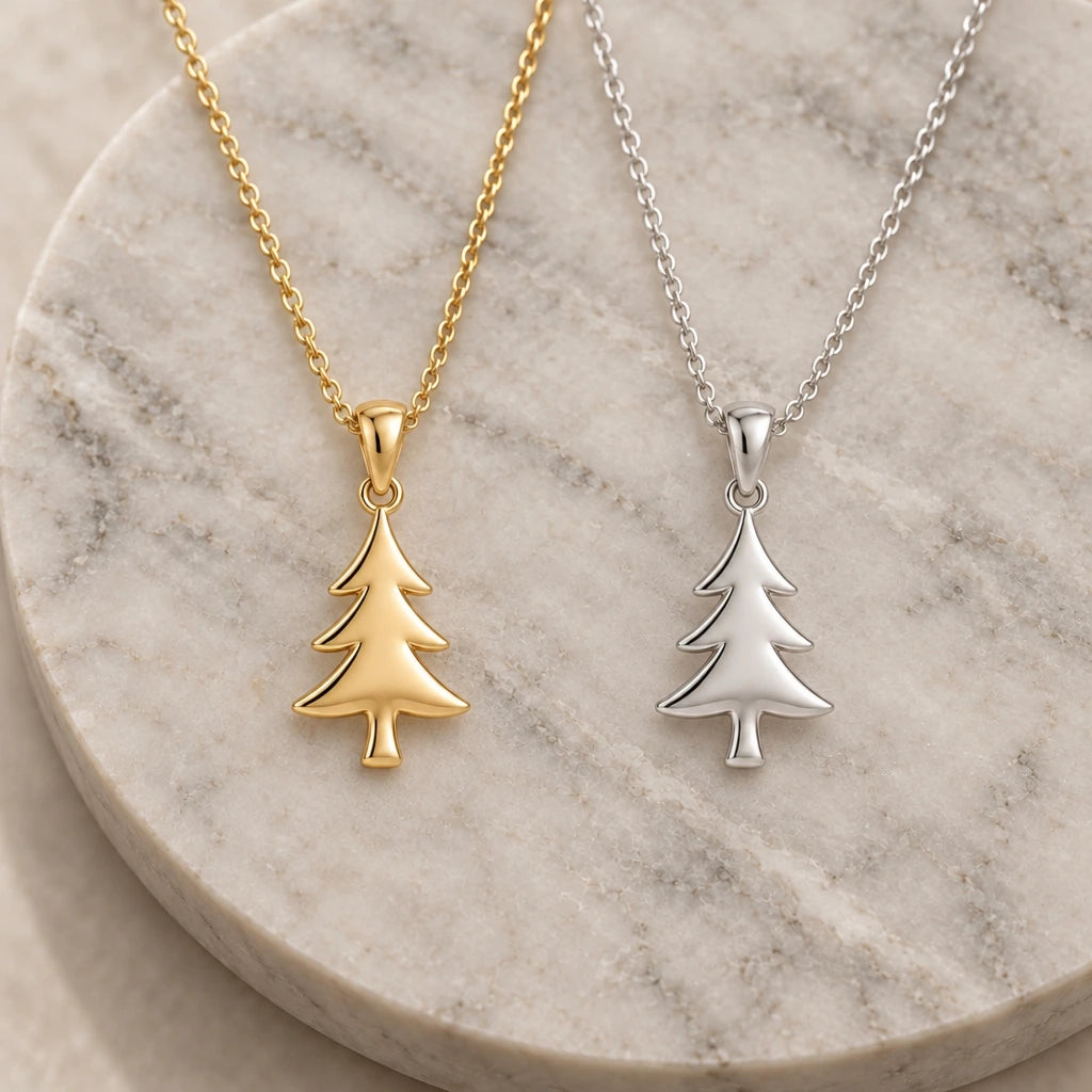 Pine Tree Solid pendant necklace in silver and gold finishes side by side