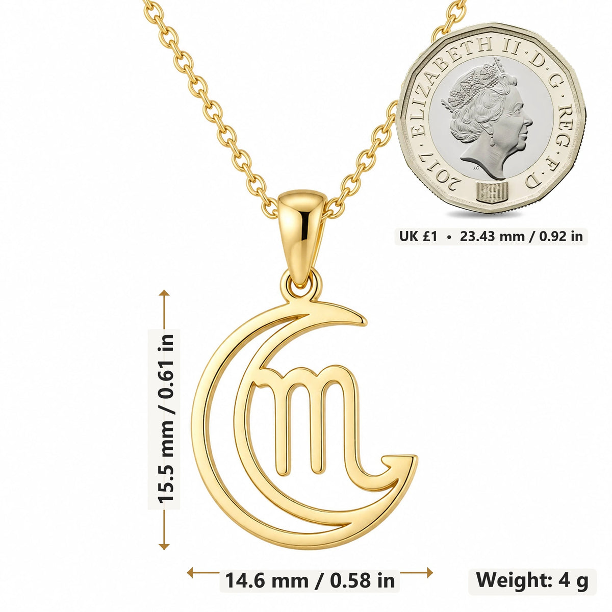 Scorpio Moon Sigil pendant necklace size image showing 15.5 mm height, 14.6 mm width and 4 g weight