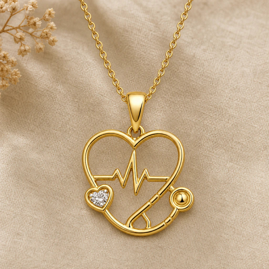 Nurse Stethoscope Heart Birthstone Pendant Necklace in 18k gold plated sterling silver