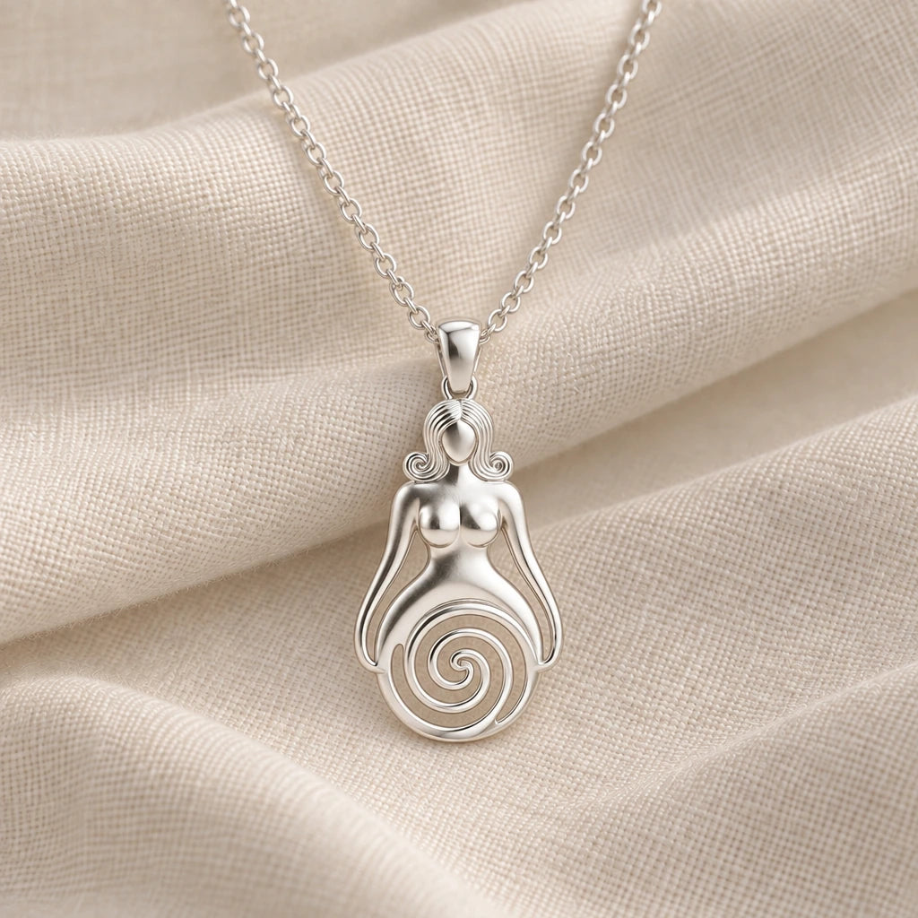 925 sterling silver spiral goddess pendant necklace on cream fabric