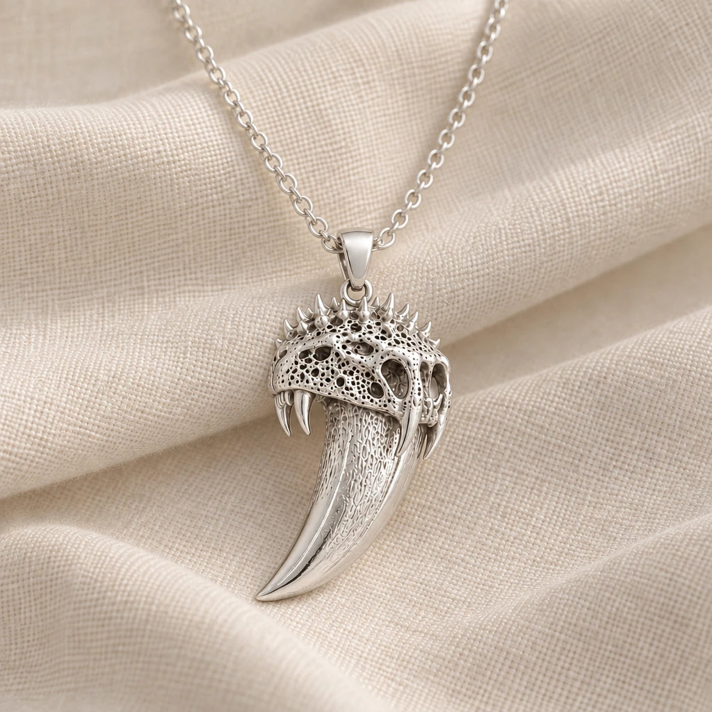 925 sterling silver ancient sabre tooth fang pendant necklace on cream fabric