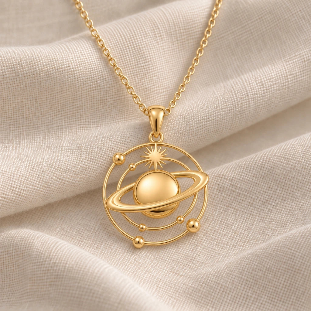Saturn Orbit pendant necklace in an 18k gold plated finish