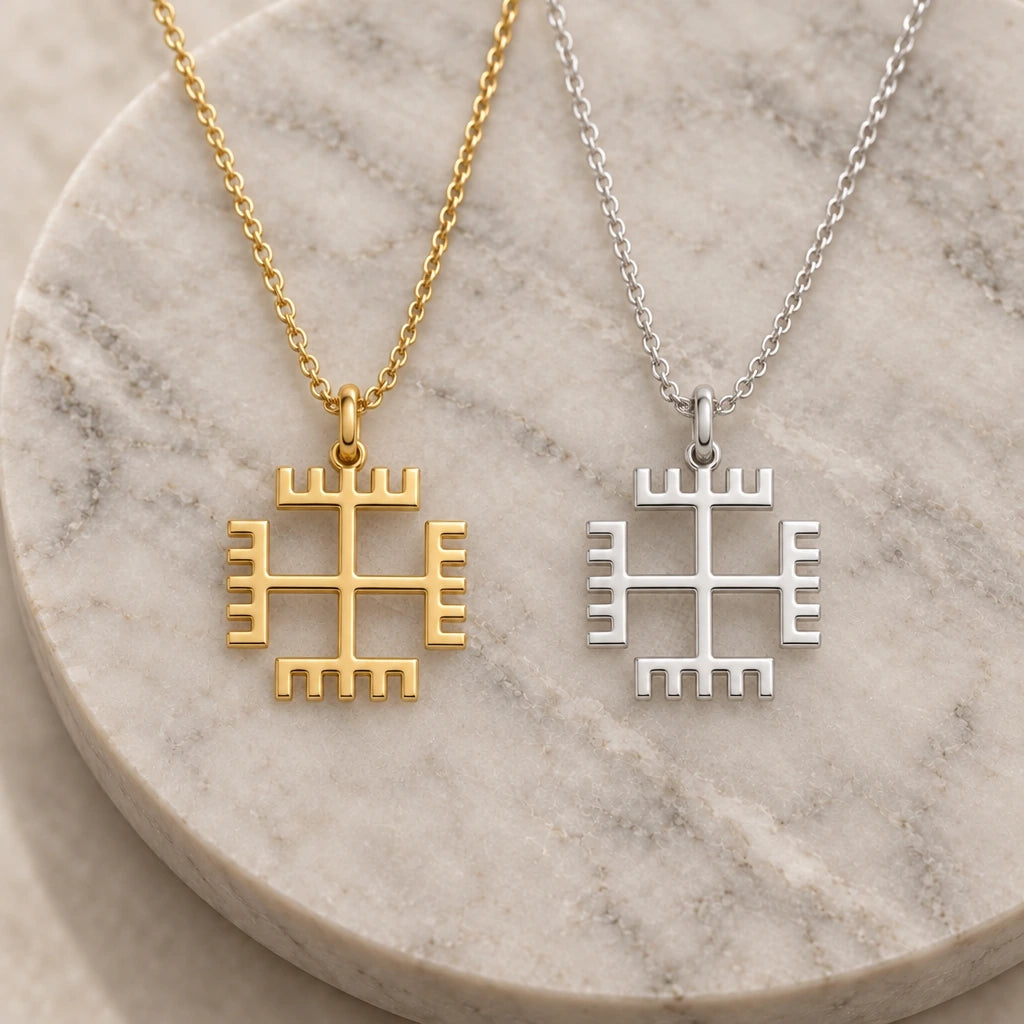 Stepped Sun Cross pendant necklace in silver and gold finishes side by side