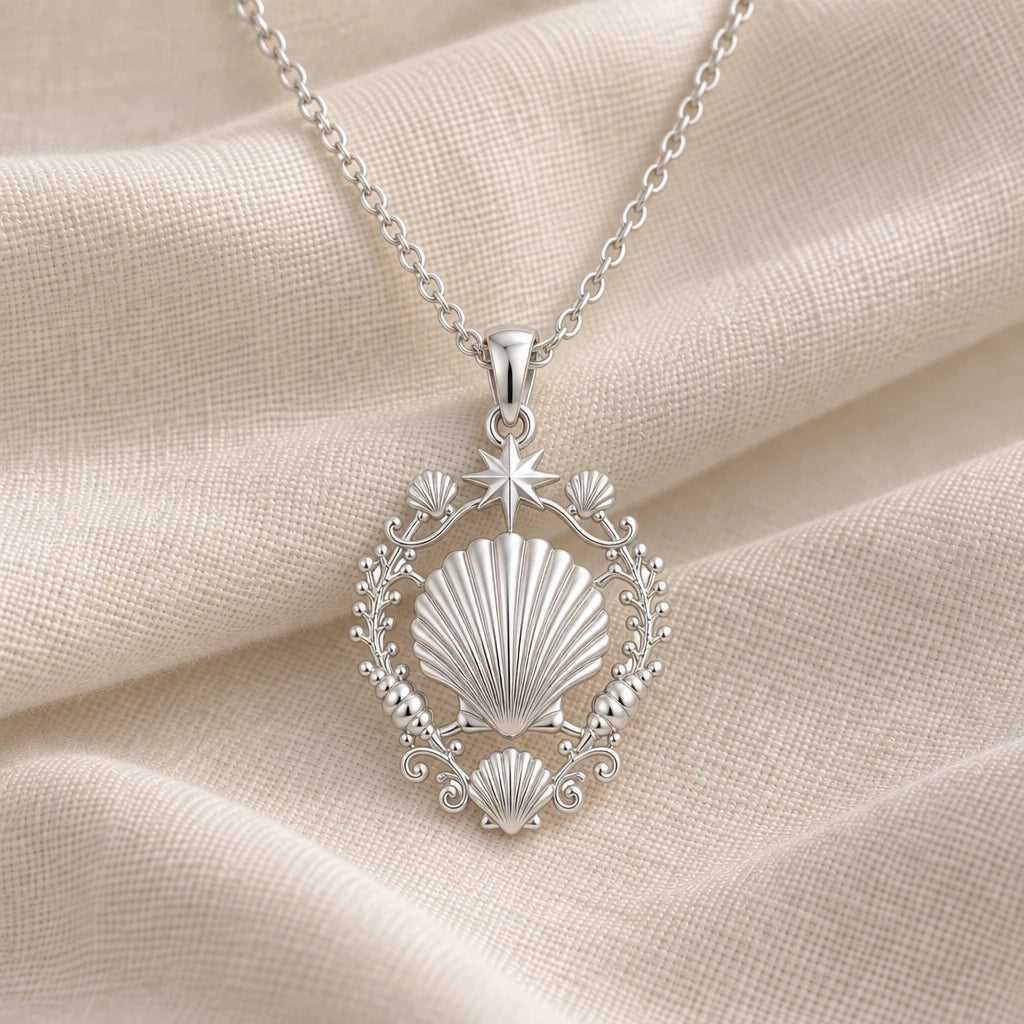925 sterling silver shell halo pendant necklace on cream fabric