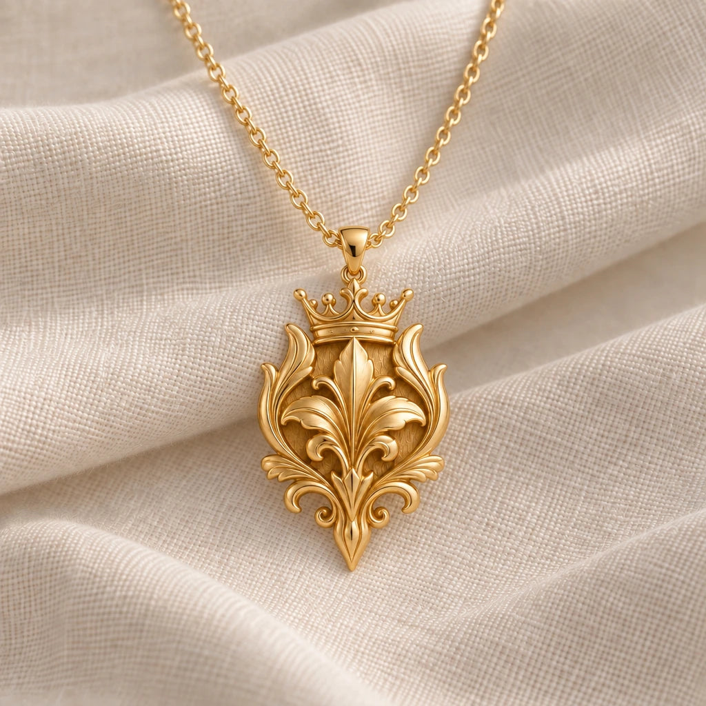 Royal Lily Crest pendant necklace in an 18k gold plated finish