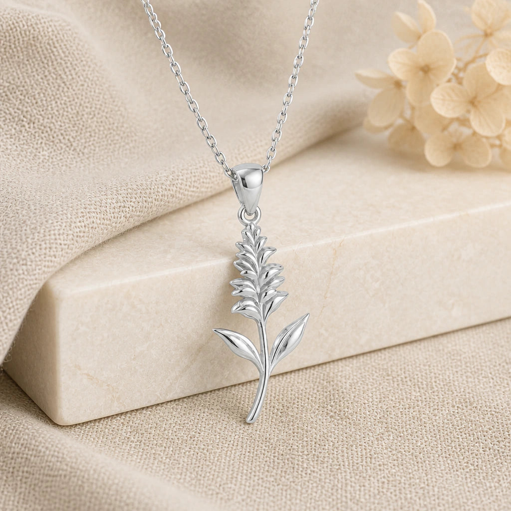 925 sterling silver salvia flower pendant necklace on softly folded cream linen