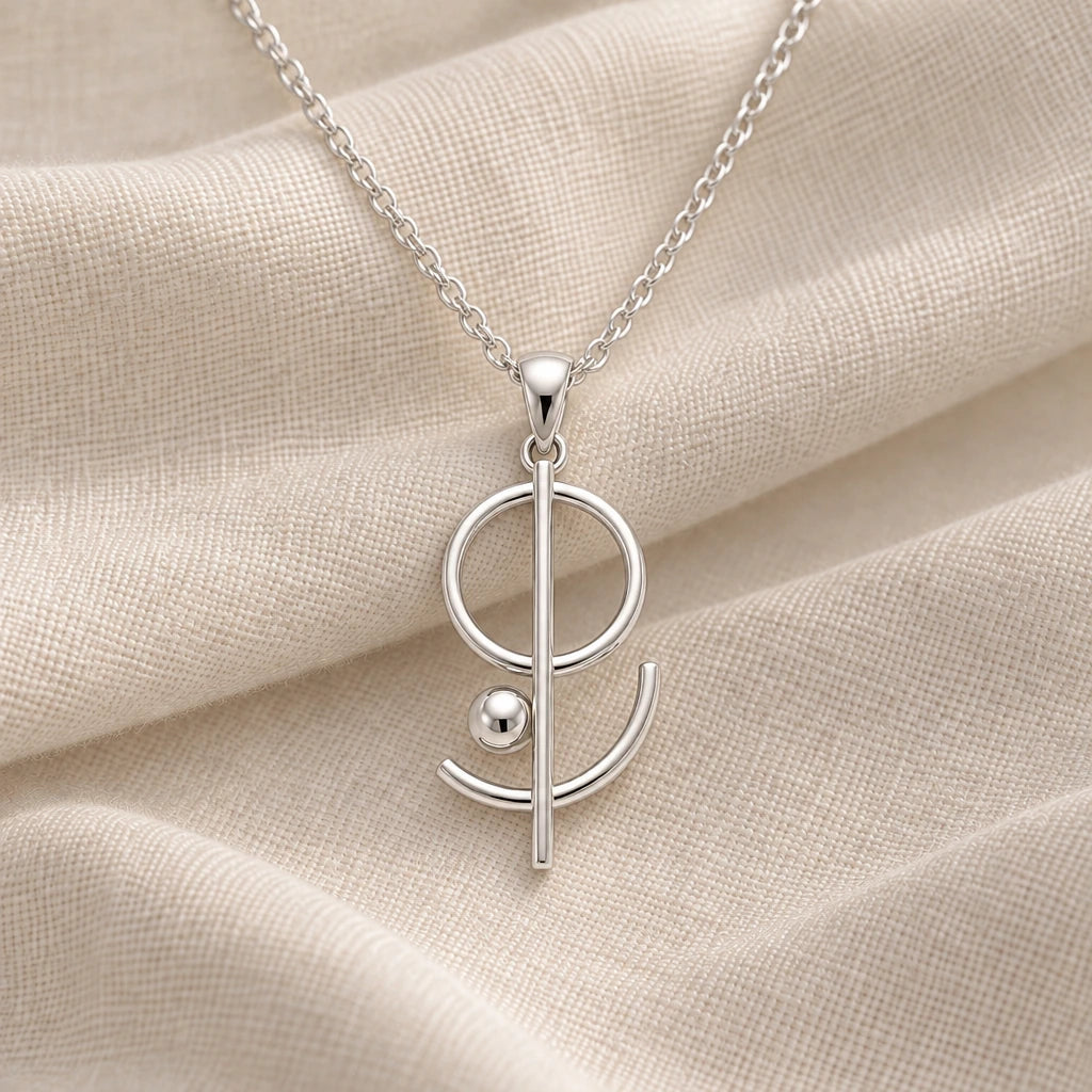 925 sterling silver floating geometry pendant necklace on cream fabric