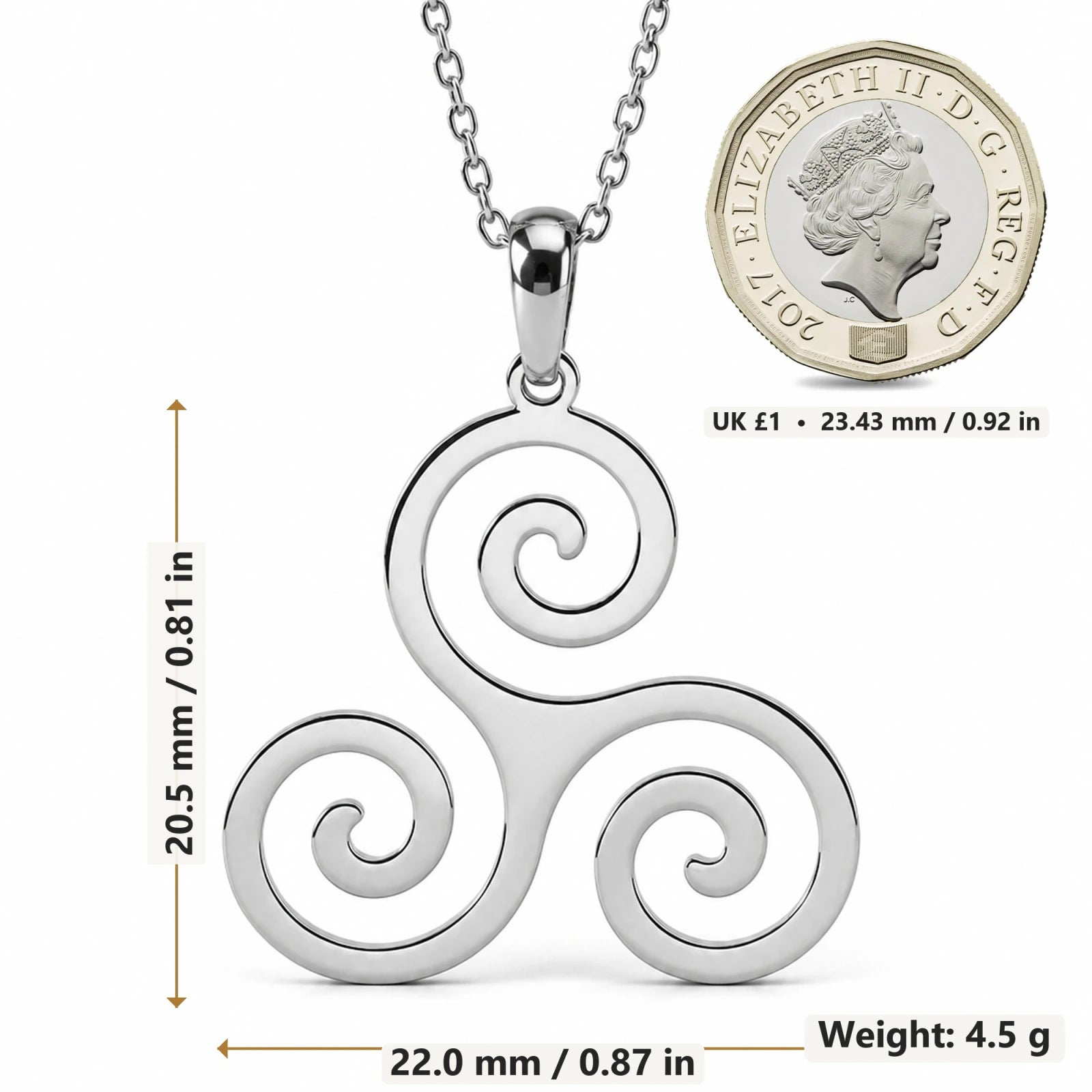 Triskelion pendant necklace size image showing 20.5 mm height and 22 mm width and 4.5 g weight