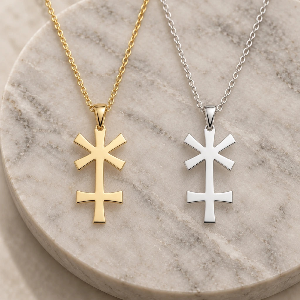 Juno Asteroid Symbol pendant necklace in silver and gold finishes side by side