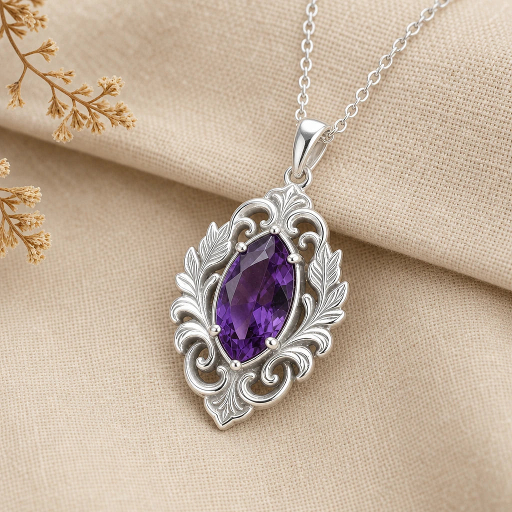 Vintage Fleur Birthstone Statement Pendant Necklace in sterling silver