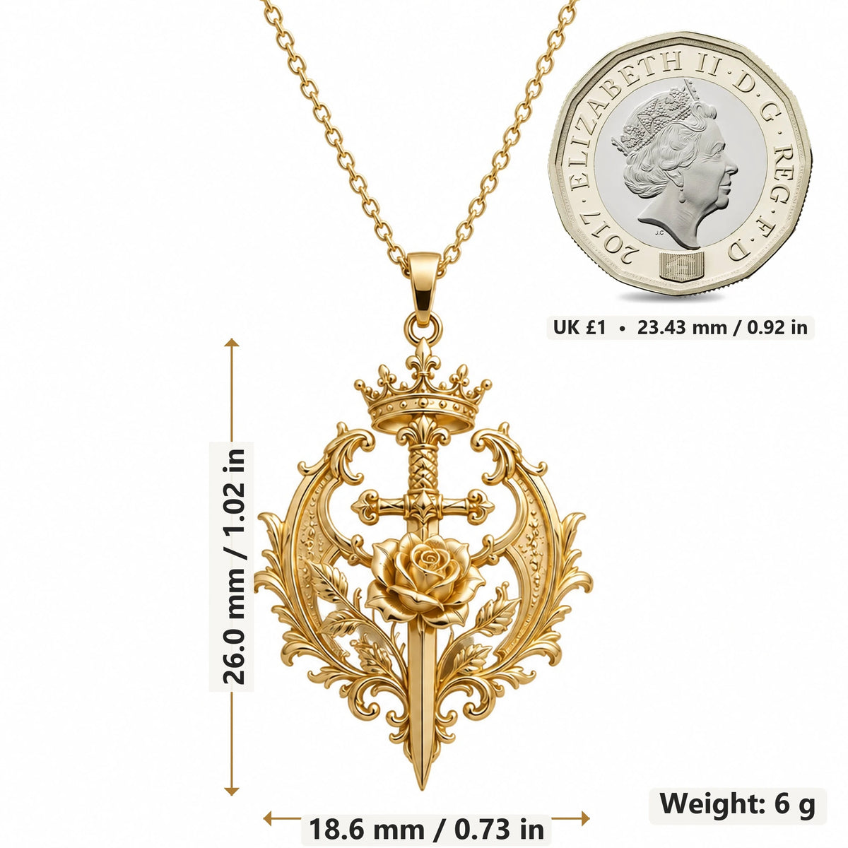 Sovereign Roseblade pendant necklace size image showing 26.0 mm height, 18.6 mm width and 6 g weight