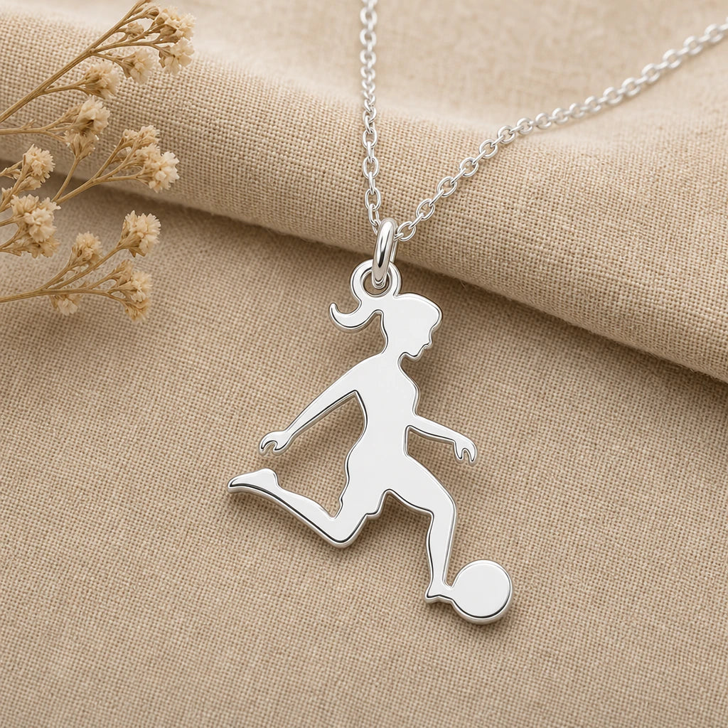 Girls Football Player Pendant Necklace in sterling silver