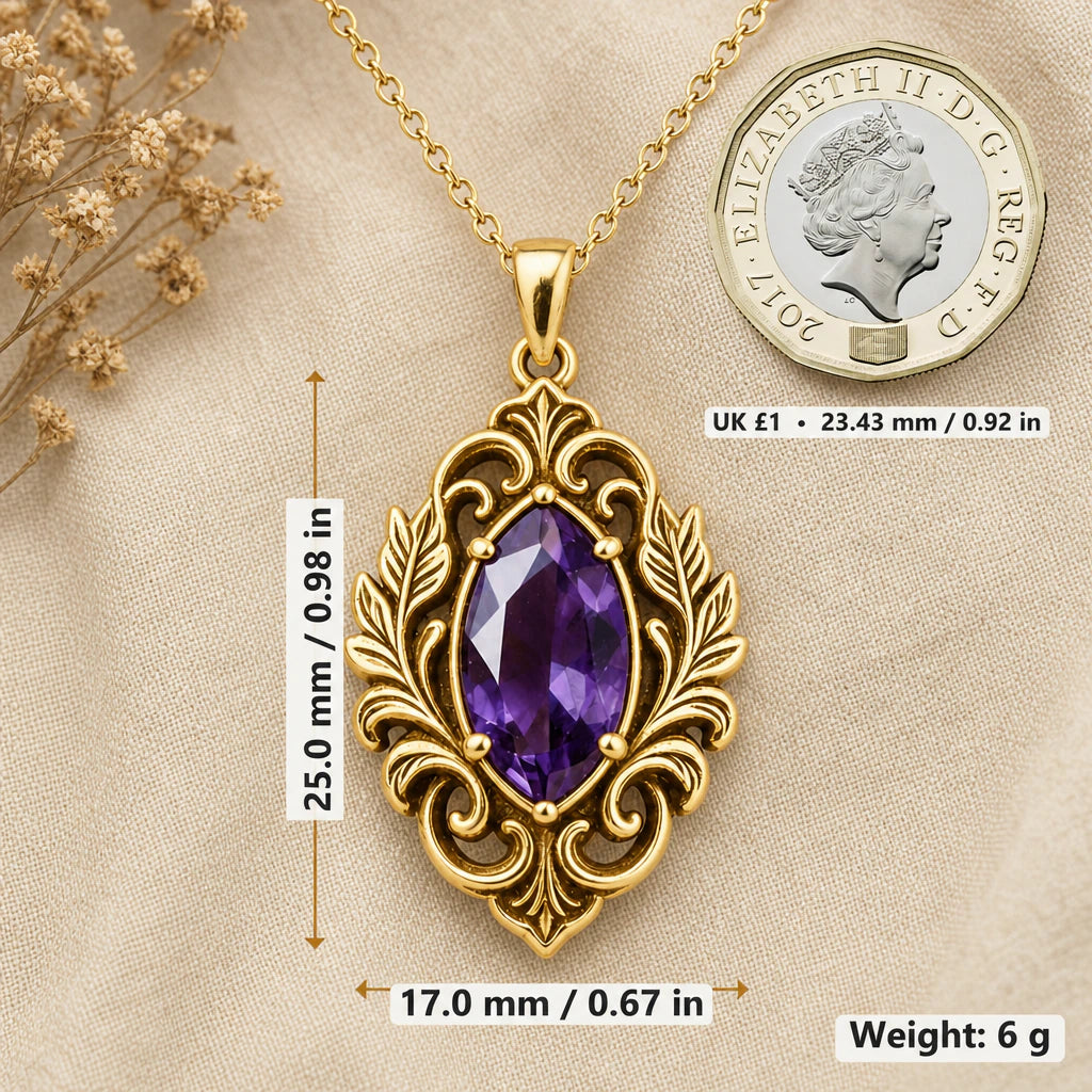 Vintage Fleur Birthstone Statement Pendant Necklace size guide, 25 by 17 mm