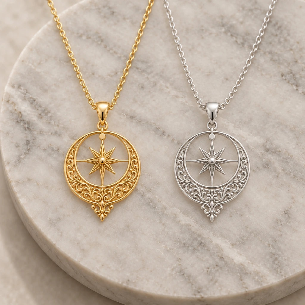 Ottoman Crescent Star pendant necklace in silver and gold finishes side by side