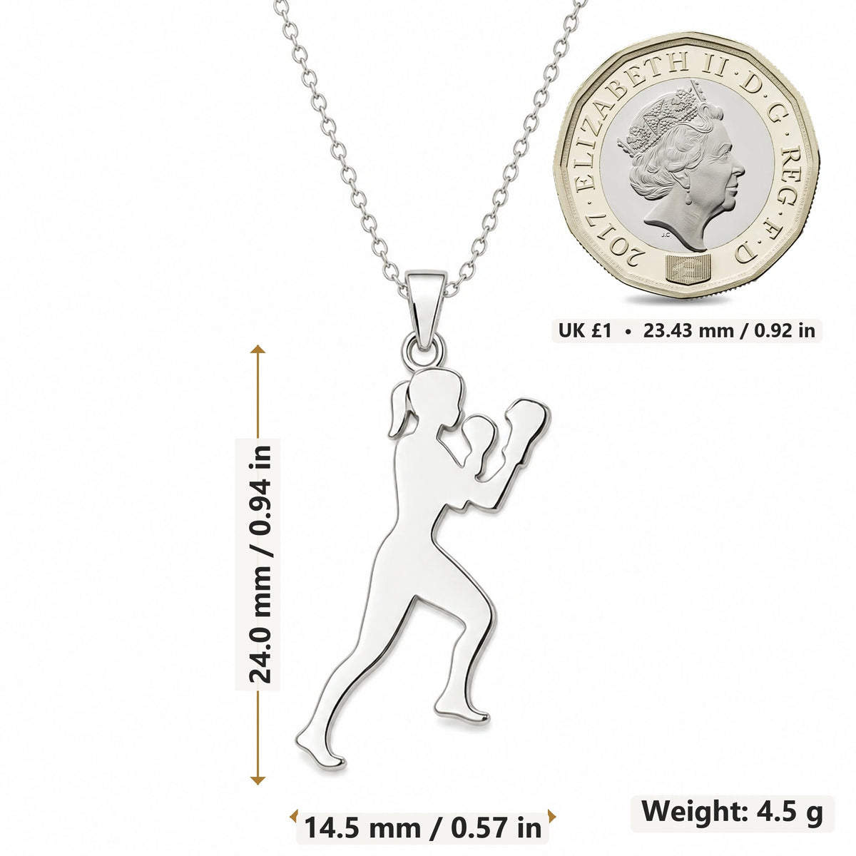 Boxer Woman Guard pendant necklace size image showing 24.0 mm height, 14.5 mm width and 4.5 g weight