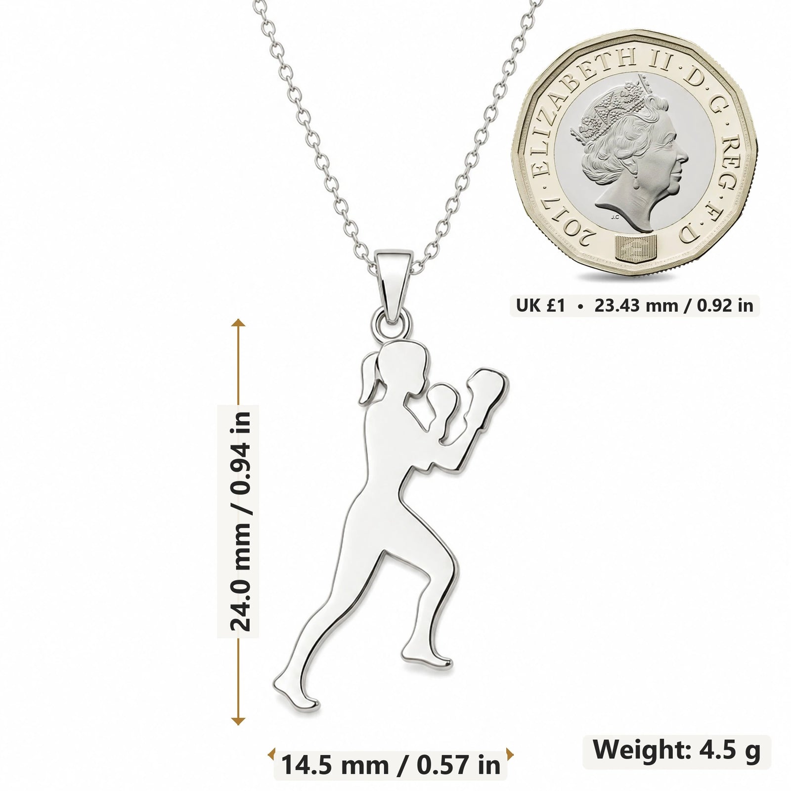 Boxer Woman Guard pendant necklace size image showing 24.0 mm height, 14.5 mm width and 4.5 g weight