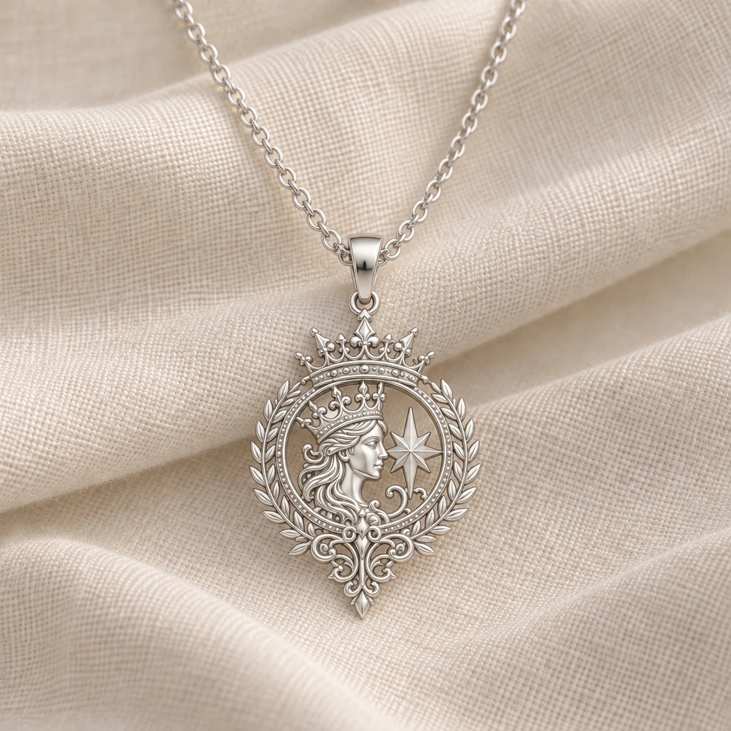 925 sterling silver celestial queen emblem pendant necklace on cream fabric