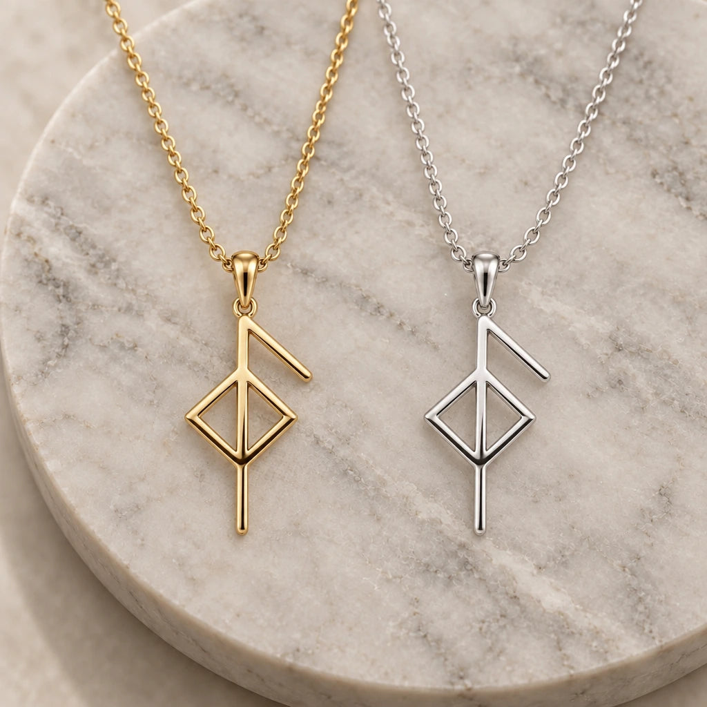 Viking Good Health Bind Rune pendant necklace in silver and gold finishes side by side