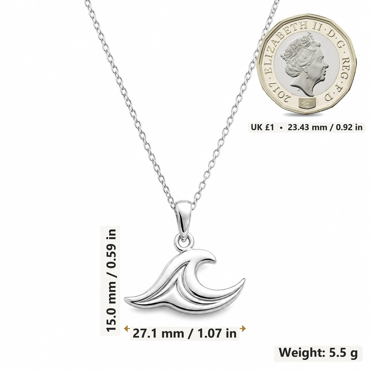 Sea Wave pendant necklace size image showing 15.0 mm height, 27.1 mm width and 5.5 g weight
