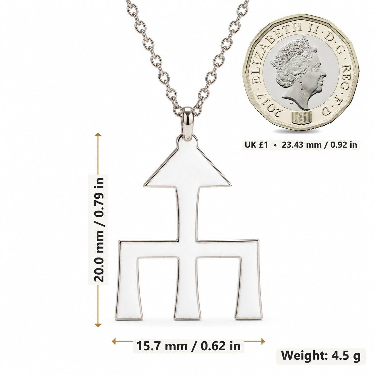 Themis Asteroid Symbol pendant necklace size image showing 20.0 mm height, 15.7 mm width and 4.5 g weight