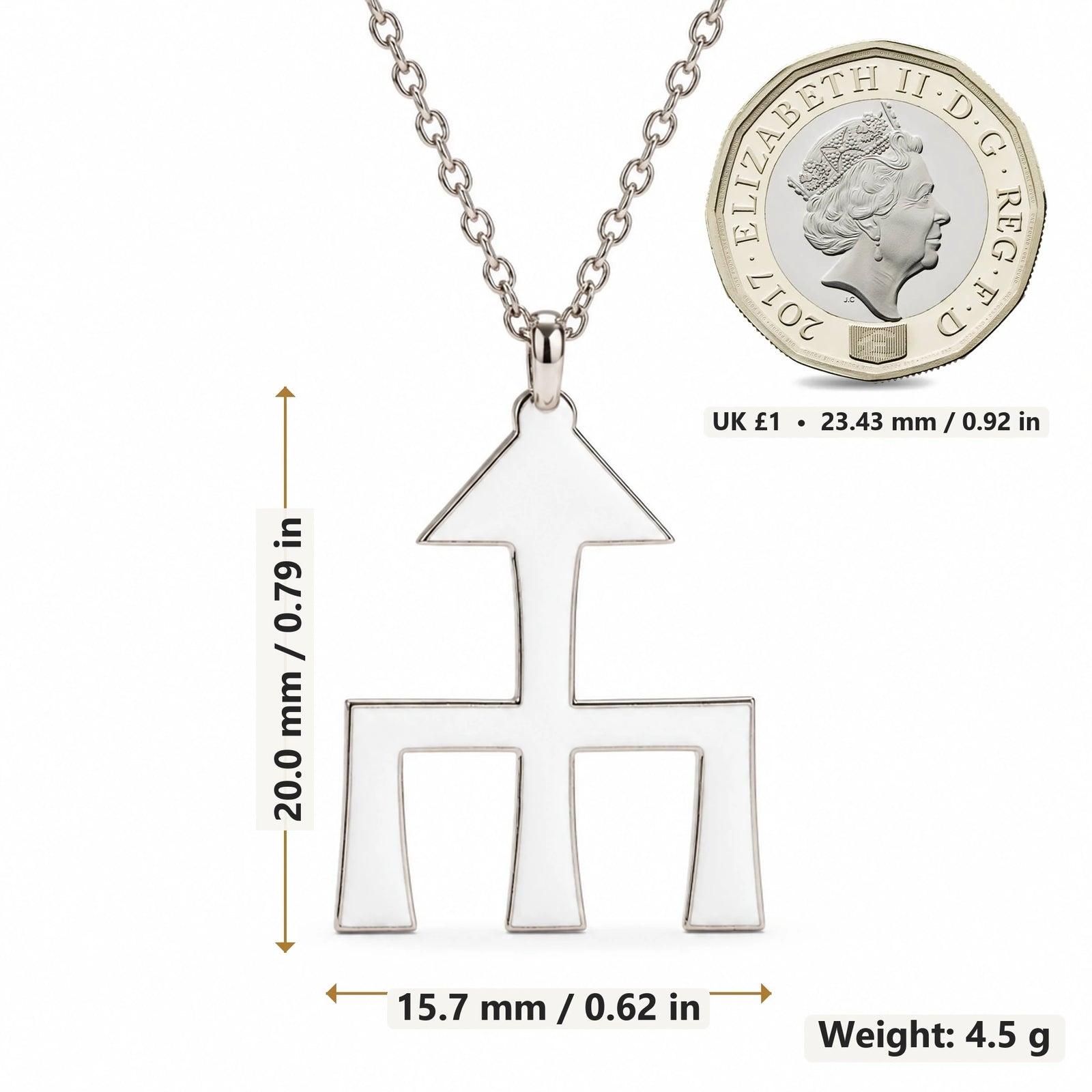 Themis Asteroid Symbol pendant necklace size image showing 20.0 mm height, 15.7 mm width and 4.5 g weight
