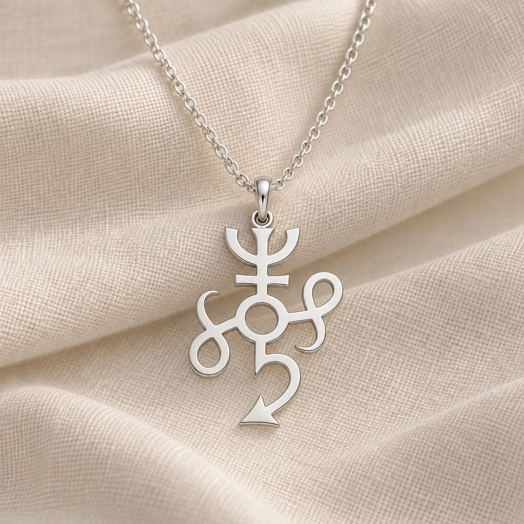 925 sterling silver typhon compact symbol pendant necklace on cream fabric