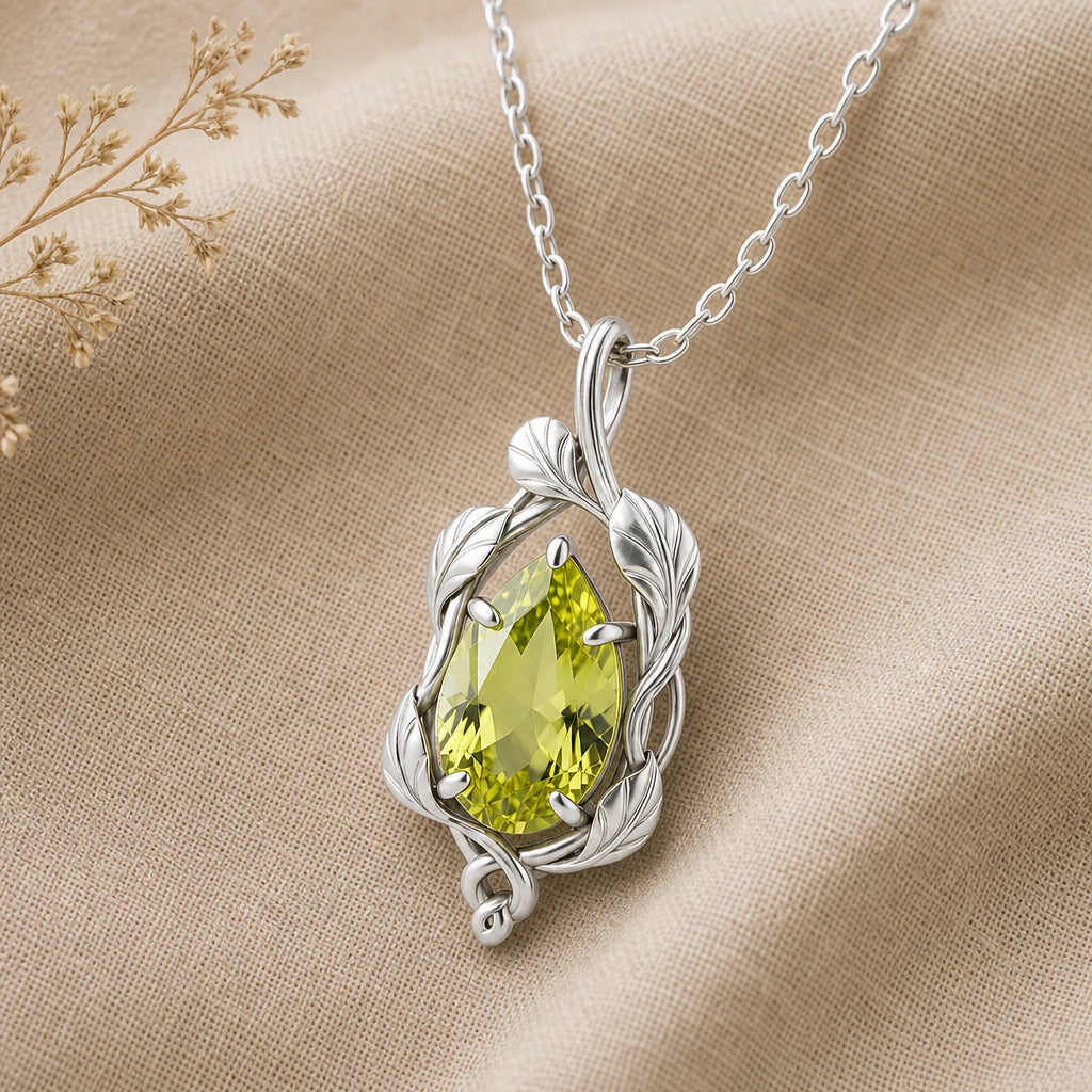 Leaf Vine Pear Birthstone Pendant Necklace in sterling silver
