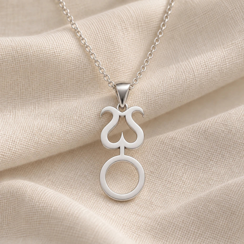 925 sterling silver mitra asteroid symbol pendant necklace on cream fabric