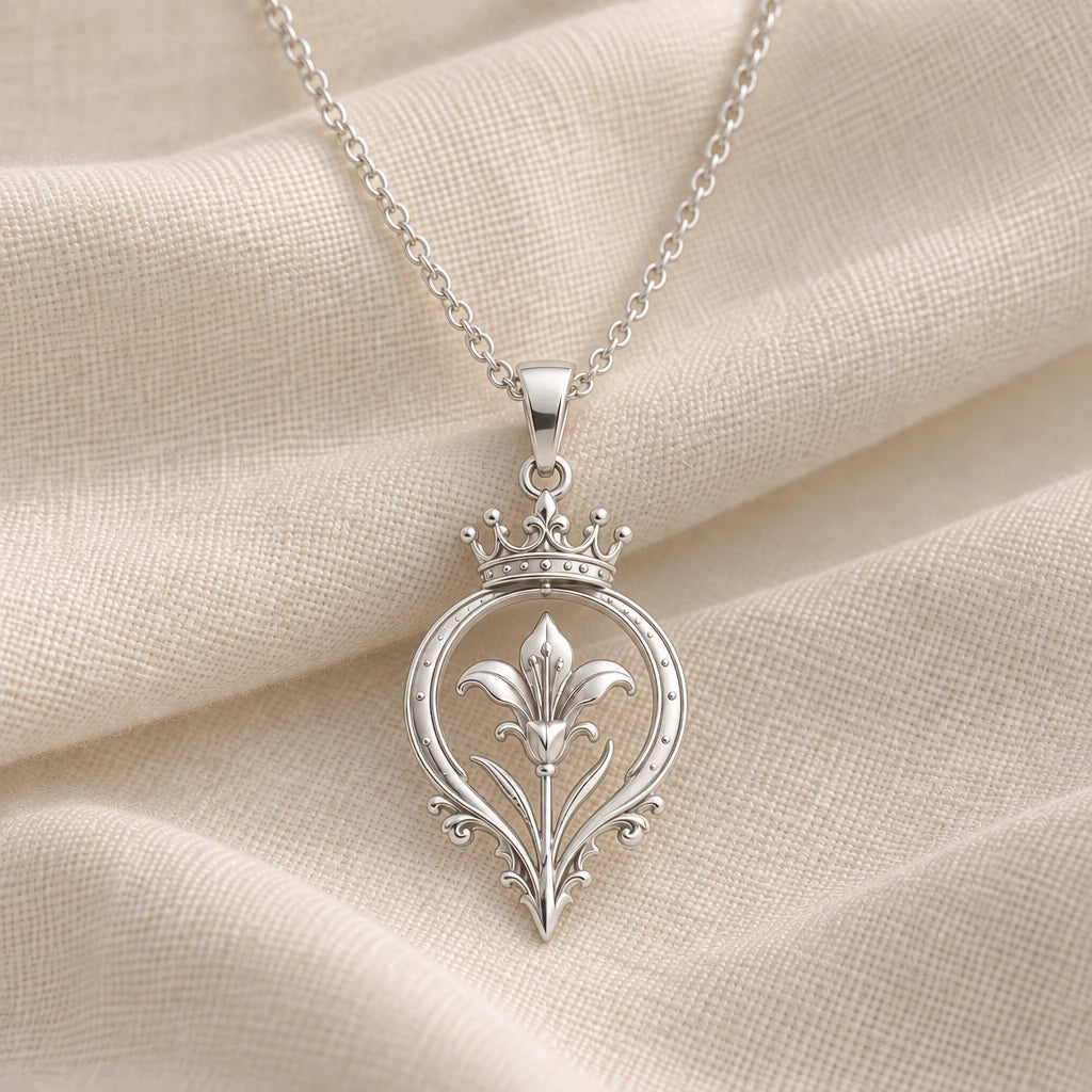 925 sterling silver monarch lily halo pendant necklace on cream fabric