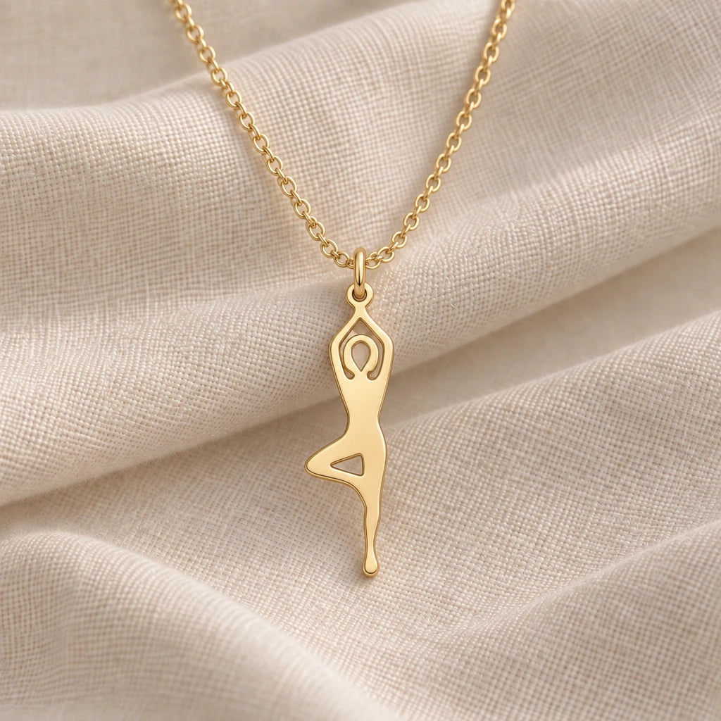 Yoga Tree Pose Outline pendant necklace in an 18k gold plated finish
