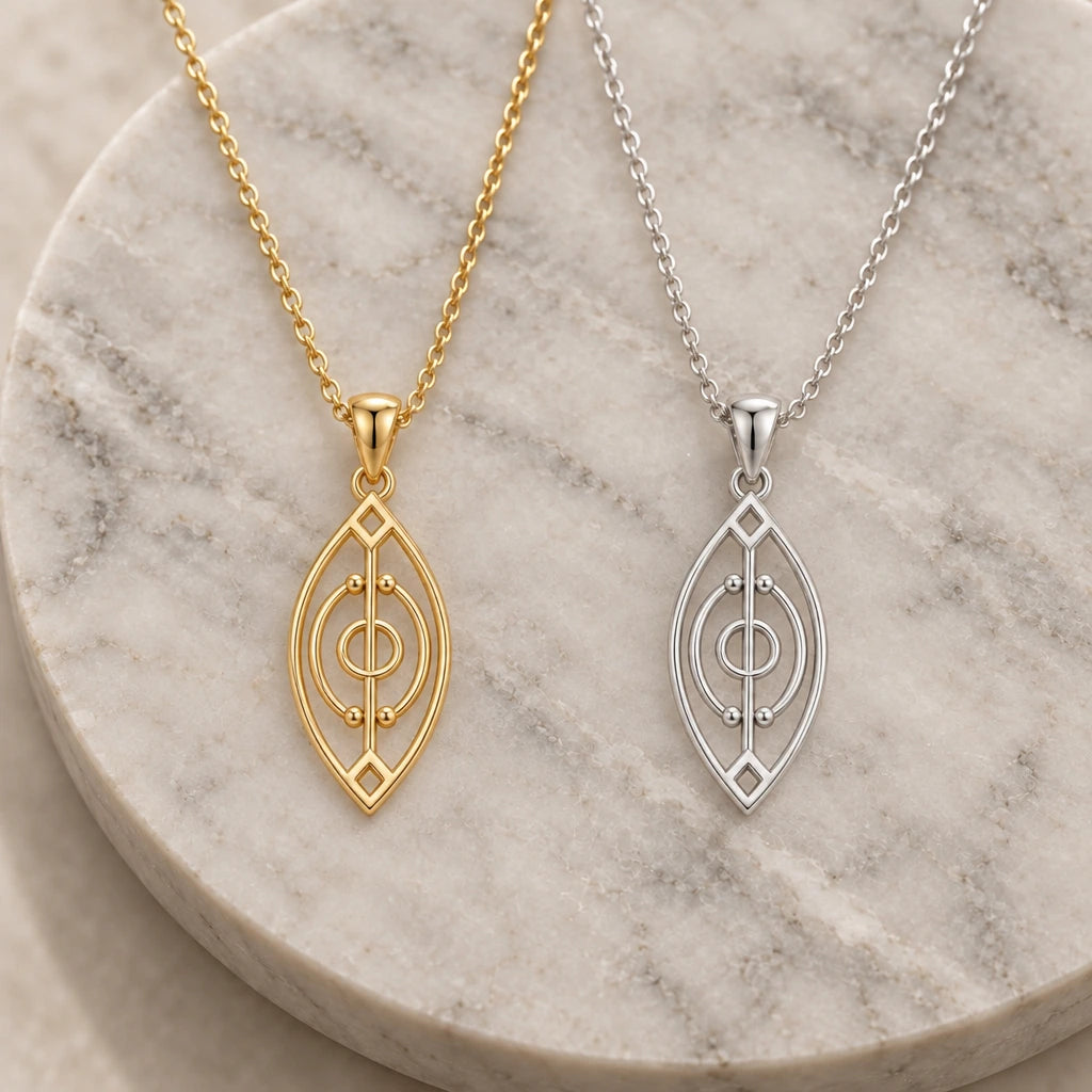 Spirit Gate pendant necklace in silver and gold finishes side by side
