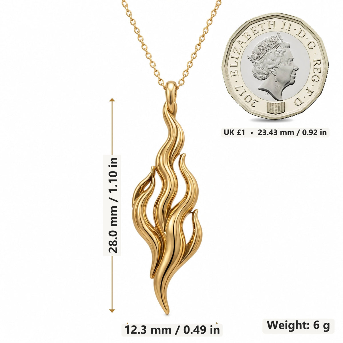 Flame of Venus pendant necklace size image showing 28.0 mm height, 12.3 mm width and 6 g weight