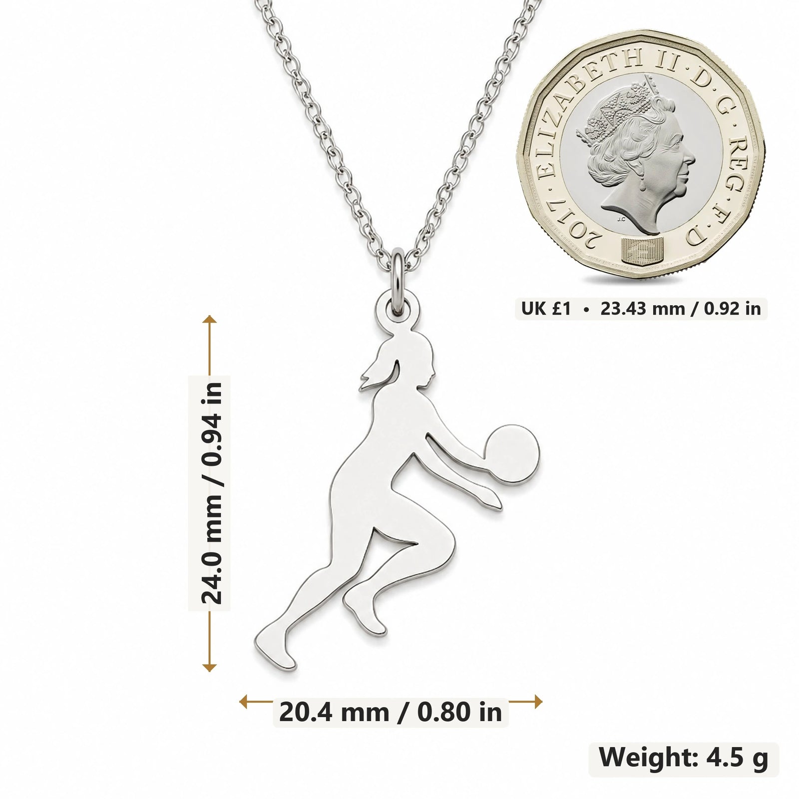 Volleyball Player pendant necklace size image showing 24.0 mm height, 20.4 mm width and 4.5 g weight